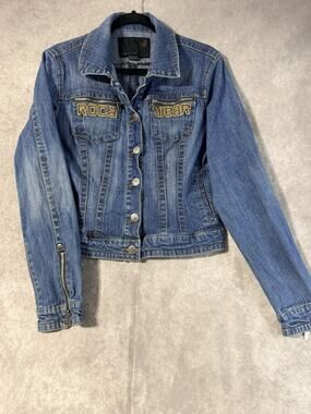 Rocka Wear Women's Size Large Jean Jacket Button Up Zip Sleeve Zip Pockets